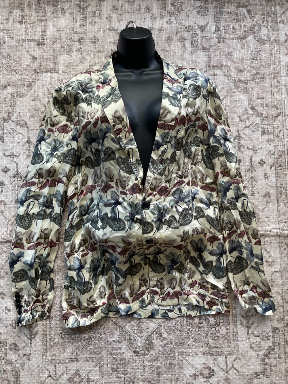 Dries Van Noten Cream Floral-Print Blazer with Blue and Burgundy Accents